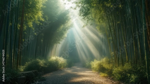 Sunbeams pierce a misty bamboo forest path