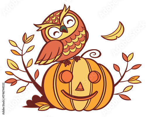 Owl sitting on pumpkin, night Thanksgiving scene  silhouette vector illustration