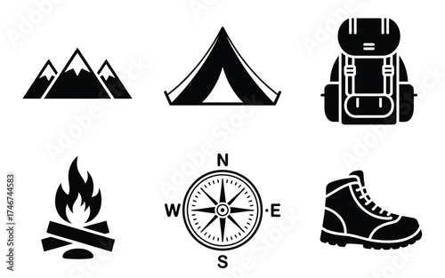 Vector set of camping icons mountains tent backpack fire compass boot scalable eps illustration silhouette vector illustration white background