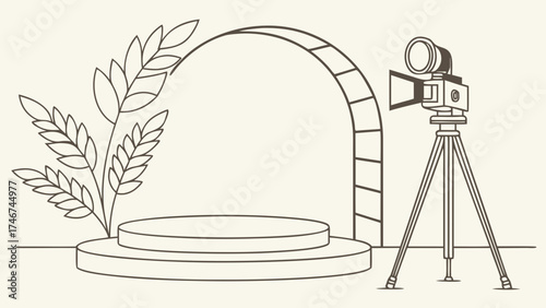 Illustration of a camera on a tripod, a plant, and a two tiered stand with an archway behind it