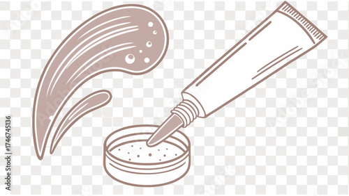 Illustration of cosmetic tube dispensing product into container with a smear on the side here