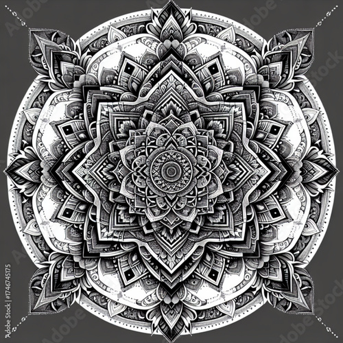 Geometric Mandala Art: This detailed black and white mandala art showcases intricate geometric patterns, radiating outward from a central focal point. capturing peace and beauty 