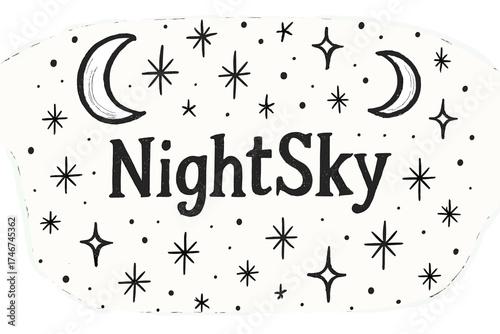 Winter NightSky Art. Hand-drawn winter night sky with moons, stars, and sparkles, center word “NightSky” in black and white