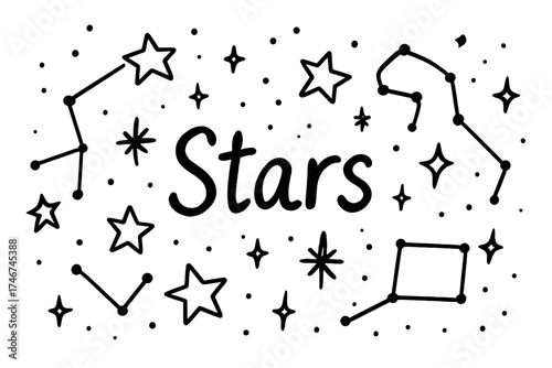 Starry Sky Doodle. Doodle starry sky with constellations and sparkles, center word “Stars” in black and white isolated transparent