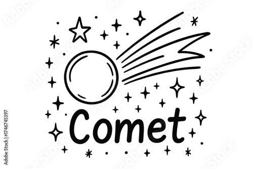 Doodle Comet Design. Doodle comet with stars, tails, and sparkles, center word “Comet” in black and white isolated transparent