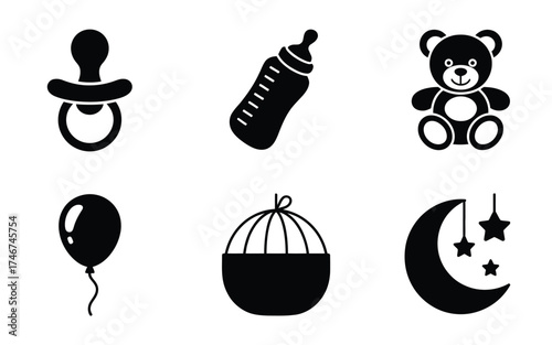 Set of 6 black silhouette baby icons vector illustration scalable eps graphics for design projects silhouette vector illustration white background
