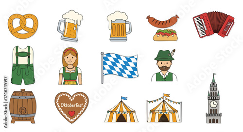 A vibrant vector illustration showcases various elements associated with Oktoberfest celebrations, including pretzels, beer, sausages, traditional attire, and festive decorations, perfect for design