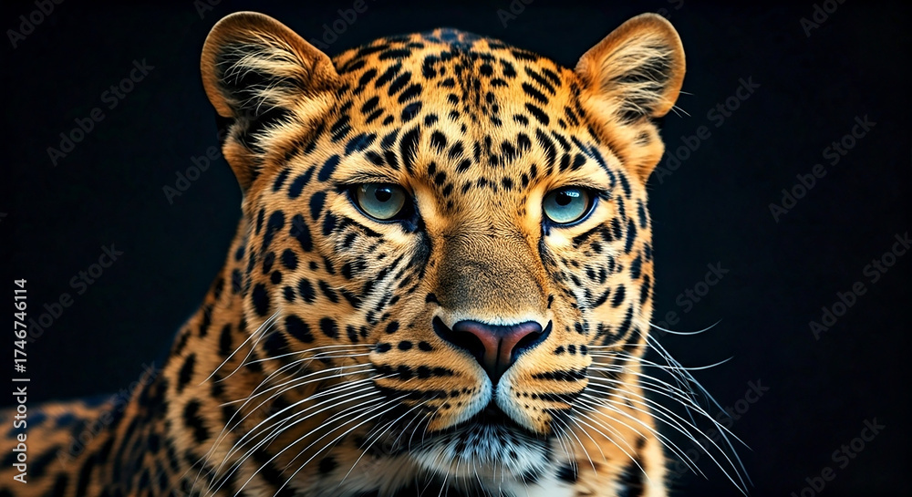 Fototapeta premium Majestic Leopard Portrait Close-Up on Dark Background Highlighting Intense Gaze and Detailed Wildlife Texture