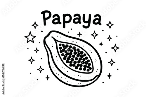 Doodle Papaya Design. Doodle papaya with stars, sparkles, and seeds, center word “Papaya” in black and white isolated transparent