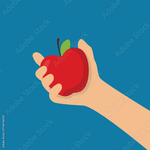Hand holding a fresh red apple, representing healthy eating and nutrition. Flat design vector for organic food, diet, and healthy lifestyle concept