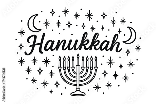 Hanukkah Moons and Menorah. Hand-drawn hanukkah with moons, menorah, and sparkles, center word “Hanukkah” in black and white