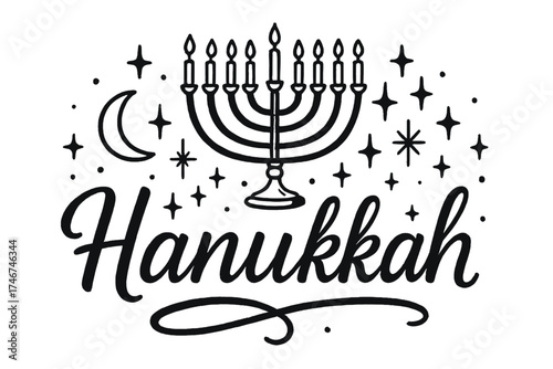 Hanukkah Moons and Menorah. Hand-drawn hanukkah with moons, menorah, and sparkles, center word “Hanukkah” in black and white