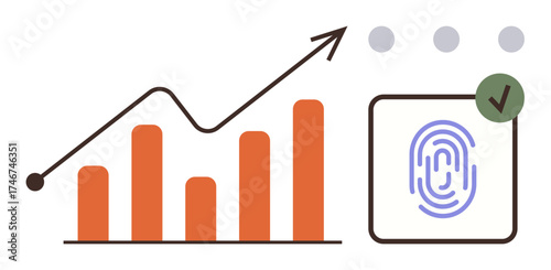 Rising line graph with orange bars showcasing growth, three dots representing progress, fingerprint icon with checkmark for approved security. Ideal for analytics, finance, data security, growth