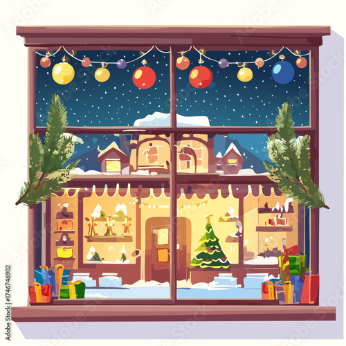 Weihnachtlich dekoriertes Schaufenster bei Nacht