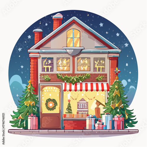 Weihnachtlich dekoriertes Schaufenster bei Nacht
