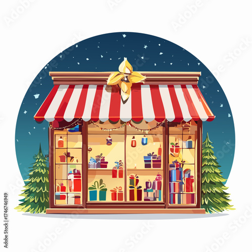 Weihnachtlich dekoriertes Schaufenster bei Nacht