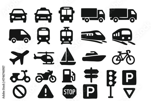 A vector illustration showcases a diverse collection of transportation icons, including cars, buses, trains, airplanes, and boats, perfect for design and communication purposes.