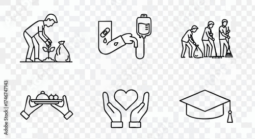 A collection of line art illustrations depicting acts of kindness, charity, and community service, perfect for representing compassion and humanitarian themes.