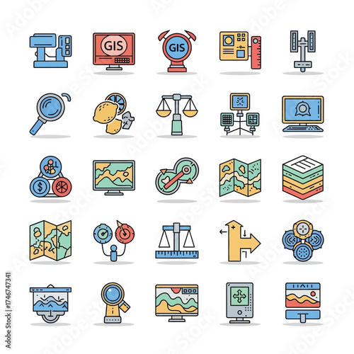 Diverse vector icon set for Geographic Information Systems, data analysis, mapping, and technology applications, illustrating automated data processing, visualization, and strategic output solutions