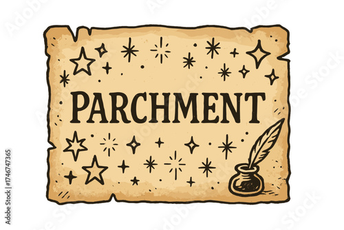 Parchment with Stars. Doodle old parchment with stars, ink, and sparkles, center word “Parchment” in black and white isolated