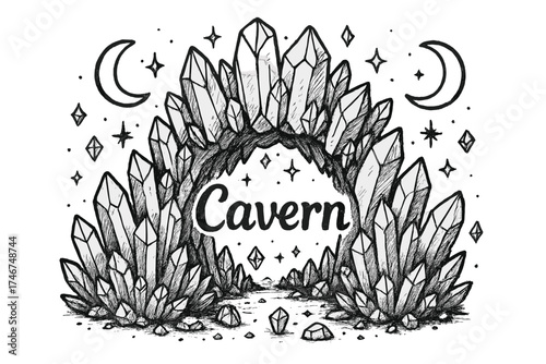 Crystal Moon Cavern. Hand-drawn crystal cavern with moons, gems, and sparkles, center word “Cavern” in black and white isolated