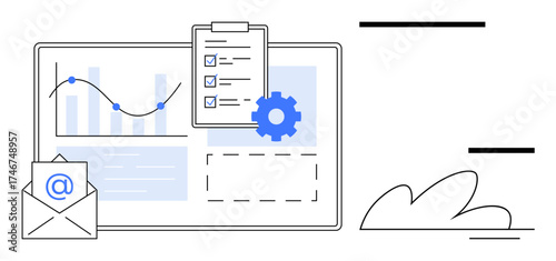 Graph, checklist clipboard, gear, and email icon suggest progress tracking, optimization, communication. Ideal for business, analytics, email marketing productivity strategy task management