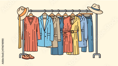 Fashion retail display: Clothing rack with various stylish garments, hats, and shoes. Flat line art illustration for apparel and shopping concepts.