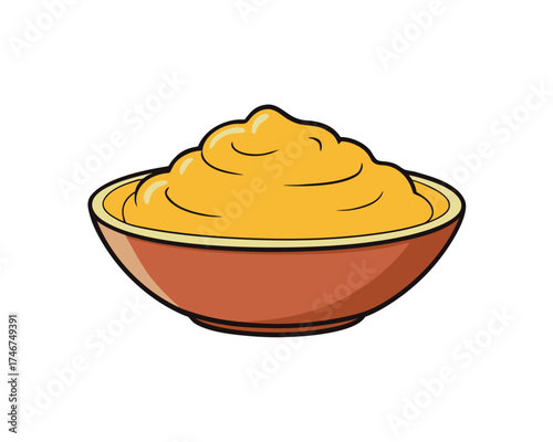 Mashed potatoes in bowl with gravy, traditional Thanksgiving food vector isolated on white background