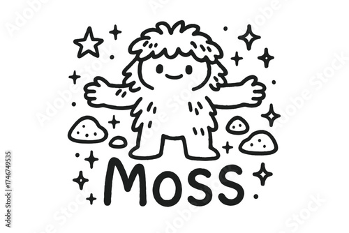 Moss Guardian Doodle. Doodle moss guardian with stars, stones, and sparkles, center word “Moss” in black and white isolated