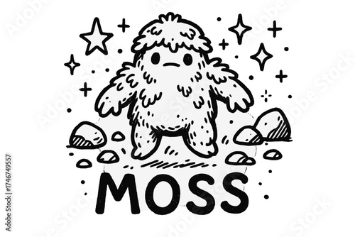 Moss Guardian Doodle. Doodle moss guardian with stars, stones, and sparkles, center word “Moss” in black and white isolated