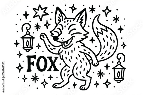 Fox Trickster Doodle. Doodle fox trickster with stars, lanterns, and sparkles, center word “Fox” in black and white isolated
