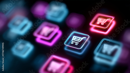Ecommerce technology modern digital shopping icons glowing in neon colors shopping, ecommerce, digital, technology, online, retail, marketplace, internet, cyber, neon, sale, busine