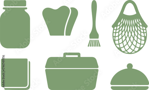 Zero-waste home silhouette vector set – all in sage green, no black, no stroke – glass jar, beeswax wrap, bamboo brush, compost bin