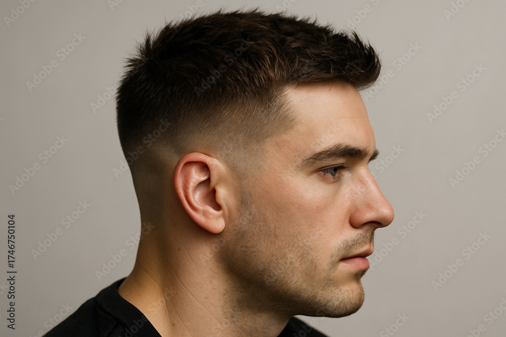 Fototapeta premium Stylish Male Side Portrait with Fresh Fade Haircut 