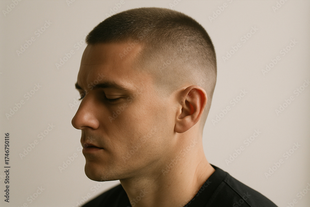 Naklejka premium Minimalist Male Portrait with Clean Buzz Cut and Calm Expression 