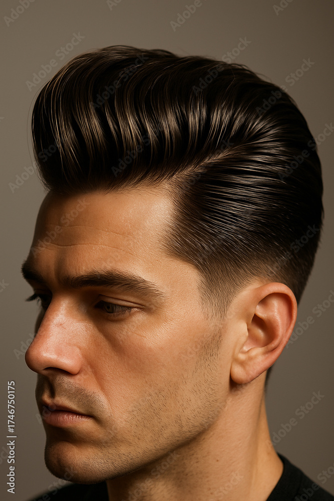 Obraz premium Modern Gentleman Side Portrait with Voluminous Pompadour Hairstyle 