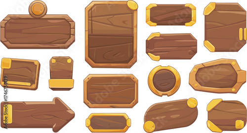 Set of stylized wooden game interface buttons and frames, cartoon brown wood texture icons collection for app design and UI