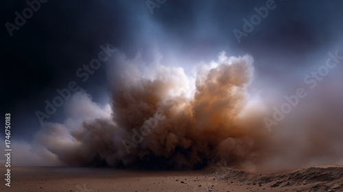 Massive explosion in desert dramatic blast cloud with flying debris and smoke explosion, blast, desert, smoke, fire, dust, destruction, danger, war, explosion cloud, detonation, dr