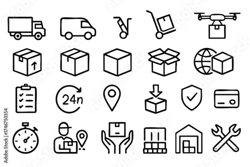 A collection of line art icons representing various aspects of delivery and logistics, including transportation, packaging, and online shopping, in a simple and modern style.