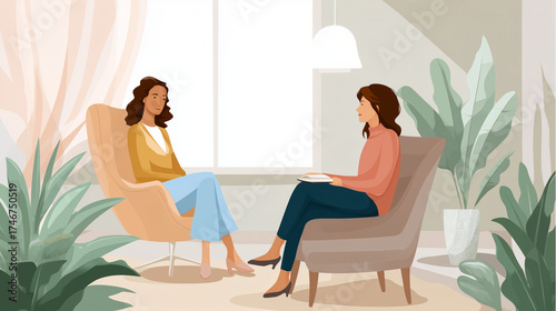 Therapy and communication concept female psychologist listening to patient, cozy private office with soft tones and green plants psychology, therapist, mental health, self care, wo