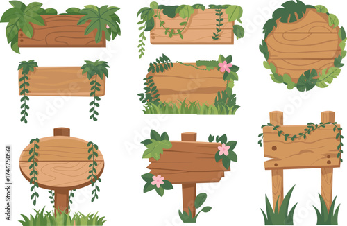 Set of wooden signboards decorated with tropical green leaves and flowers, nature jungle wood board design elements for eco illustration