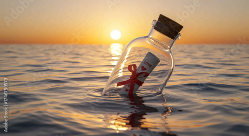A romantic digital illustration portraying a bottled love letter gently floating on the ocean at sunset, symbolizing longing, hope, and enduring affection. 