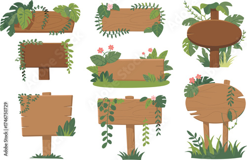 Set of wooden signboards decorated with tropical green leaves and flowers, nature jungle wood board design elements for eco illustration
