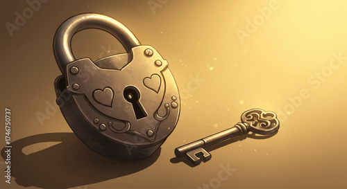 A charming digital illustration of a vintage padlock engraved with a heart, accompanied by its ornate key, symbolizing enduring love and connection. 