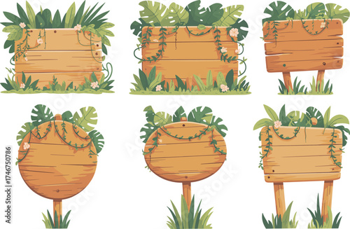 Set of wooden signboards decorated with tropical green leaves and flowers, nature jungle wood board design elements for eco illustration