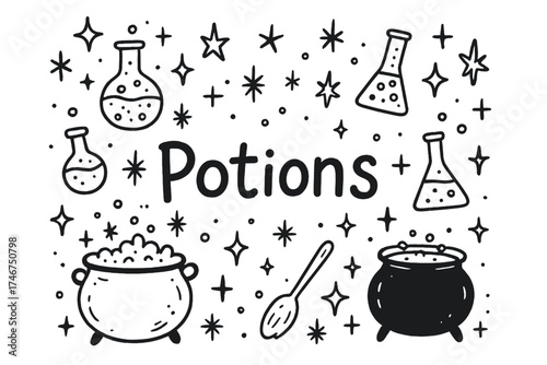 Potion Lab Doodle. Doodle potion lab with stars, cauldrons, and sparkles, center word “Potions” in black and white isolated
