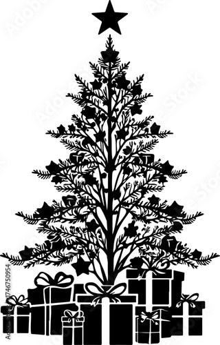 tree and gifts, tree, gift, holiday, xmas, box, present, decoration, celebration, star, winter, tree, ribbon, illustration, vector, santa, new, art, design, gifts, ornament, presents, season, card, fi