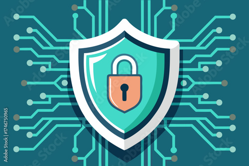 encrypted shield icon on digital motherboard  