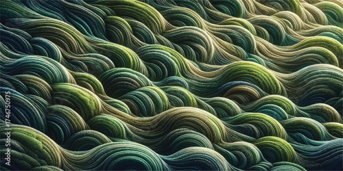 Mossy wave pattern background illustration featuring green and beige waves in an intricate design.