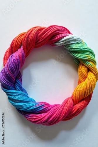 A continuous loop of vibrant colored yarn forming a perfect circle, representing completion and cyclical nature  Perfect for concepts of infinity, renewal, and wholeness ,  geometry,  shades